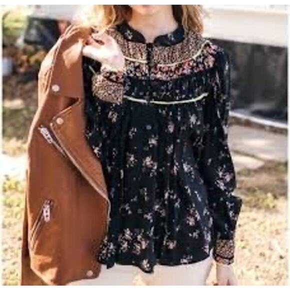 Free People Paloma Printed Blouse Black Floral Size Large - Picture 4 of 10